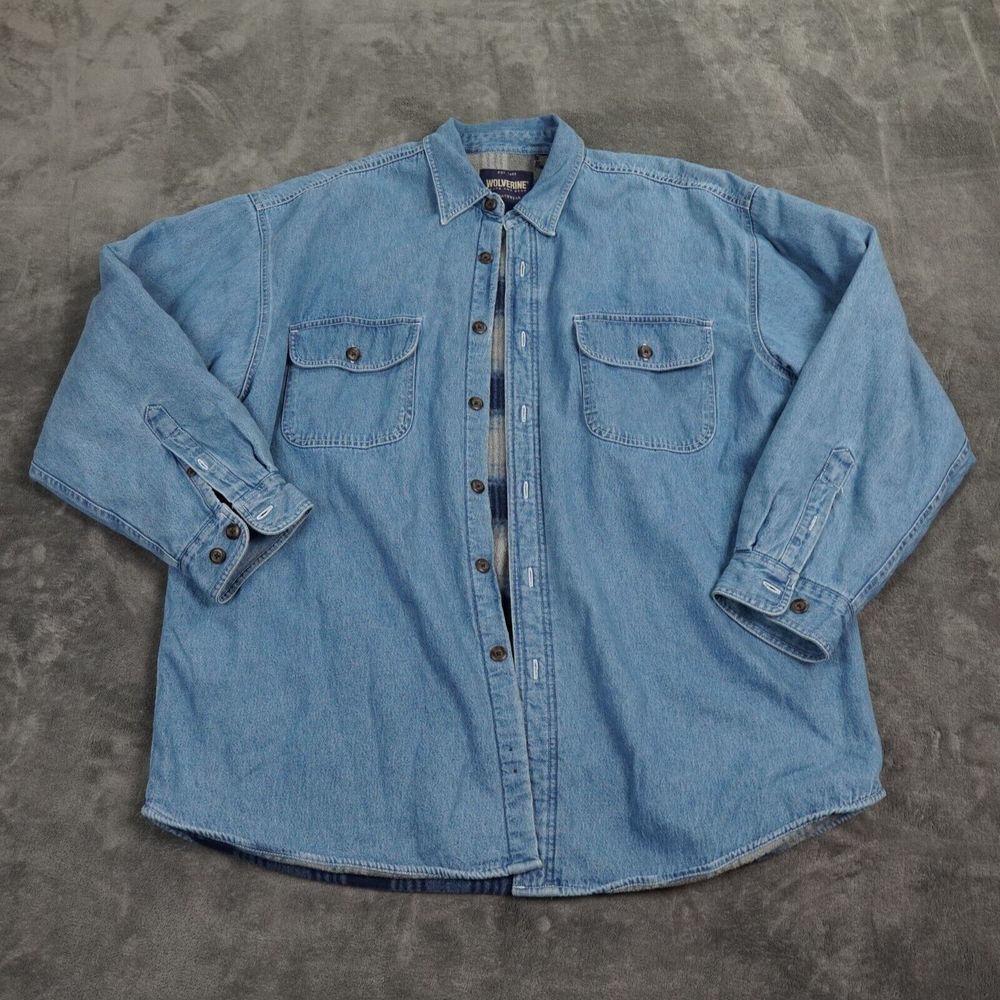 Wolverine Jacket Mens Extra Large Blue Denim Shacket Fleece Blanket Lined Fleece